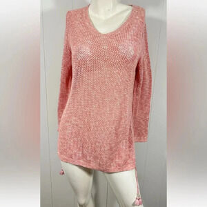 Talbots Sweater Women's Classic Pink open knit Crochet Sweater Sz L Petite